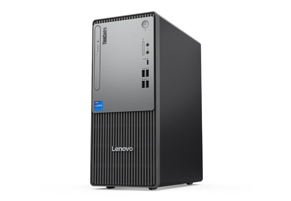 Close-up of Lenovo desktops for business with sleek design Lenovo ThinkCentre Neo 50t Gen 5 desktop with Intel Core i3 processor