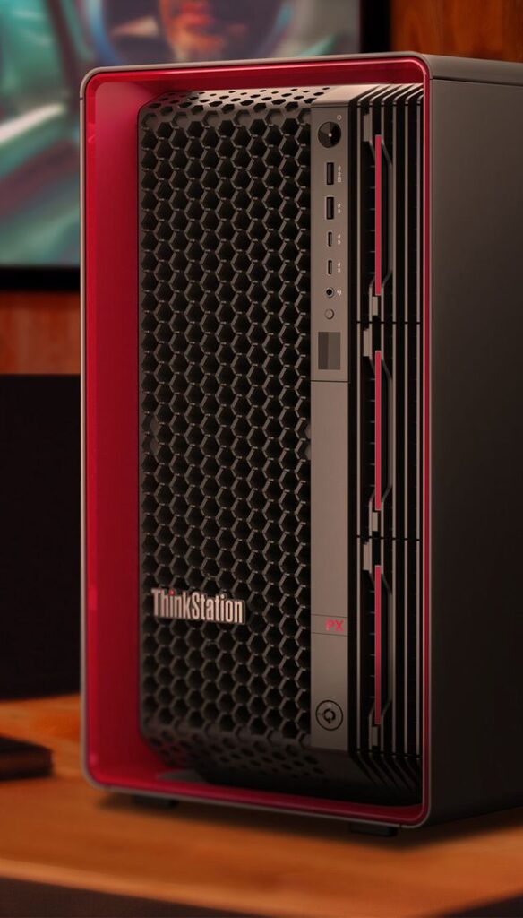 Close-up of Lenovo desktops for business showing design